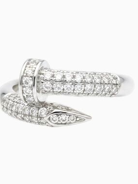 Iced Out White Gold Filled Adjustable Nail Wrap Ring Designer Inspired NWOT